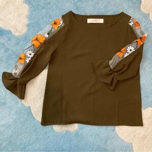 Olive Green Floral Ruffle Blouse